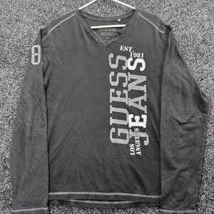 Guess Jeans Los Angeles Mens Long Sleeve Shirt Black Graphic V-Neck Large L